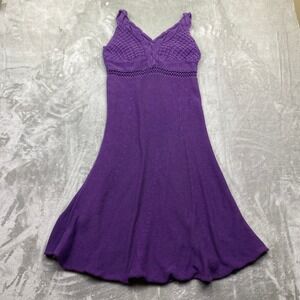Sisley Purple Knit Sleeveless Dress Crochet Detail Empire Waist Flare Skirt XS